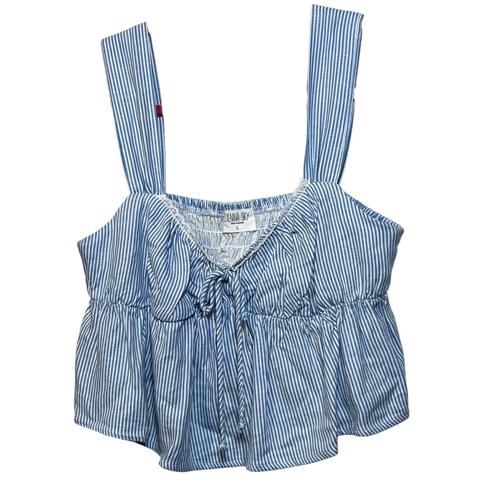 Sienna Sky Blue White Striped Peplum Crop Top Smocked Back Rayon Linen